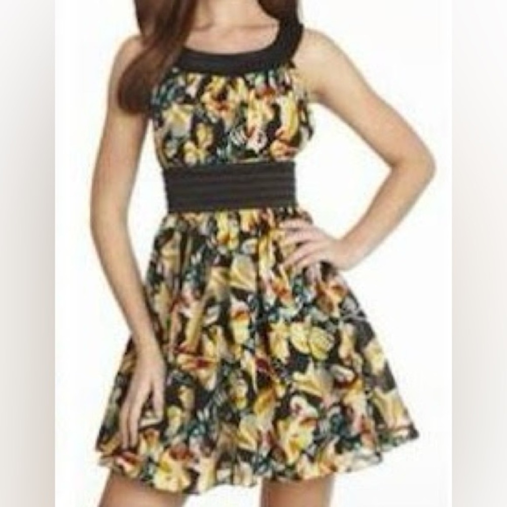 French Connection Yellow Black Floral Dress Cotton Y2K Bold Summer Print